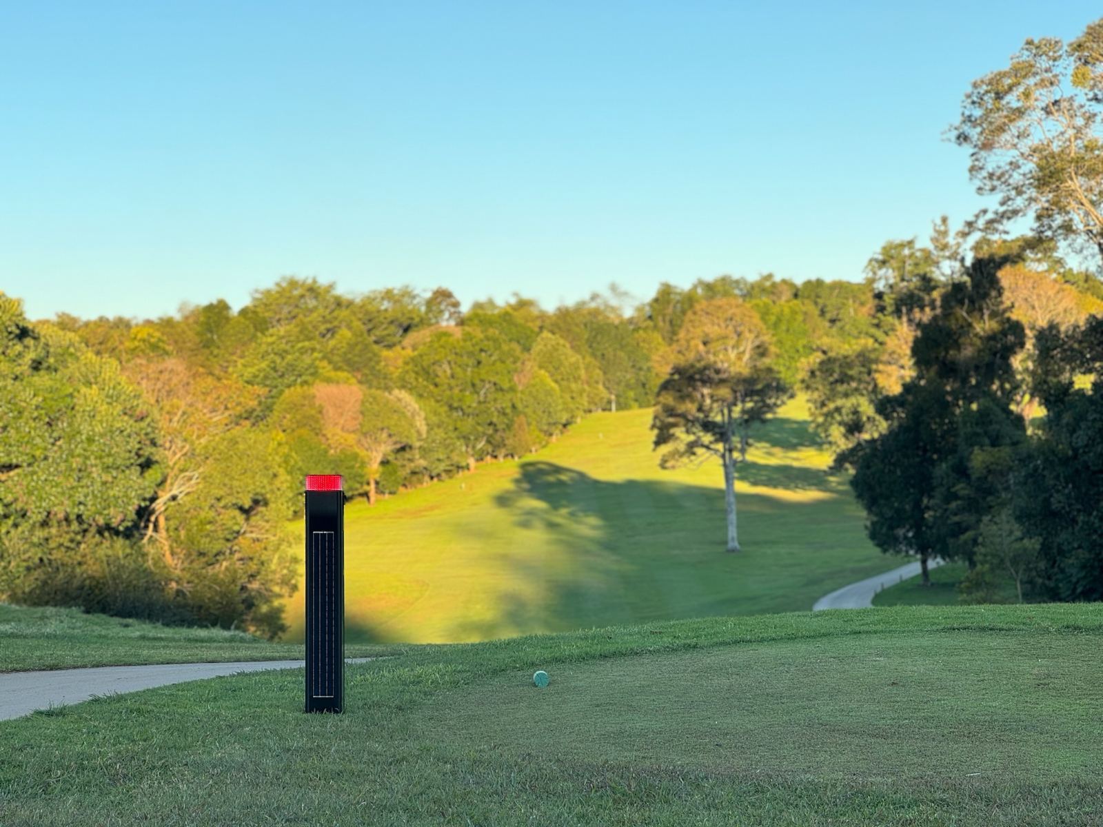 Forewarned Blind Shot bollard with red warning light on the tee at Maleny Golf Club
